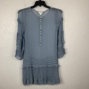 Sundance Silk Dress Womens Medium Blue Boho Ruffle Lace Peasant 3/4 Sleeve Tunic